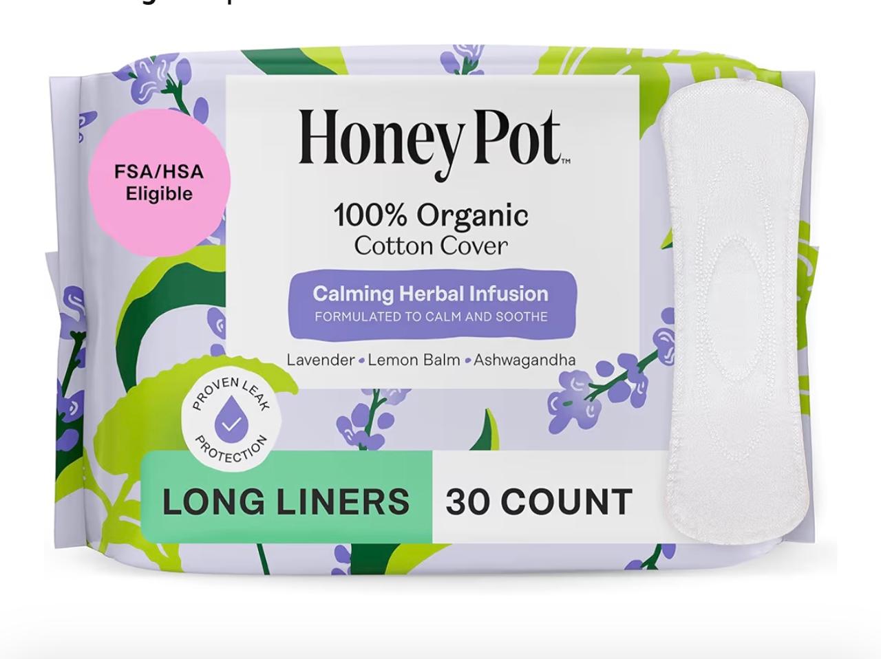 The Honey Pot Organic Cotton Long Pantiliners (30 Count) – Herbal-Infused Daily Protection